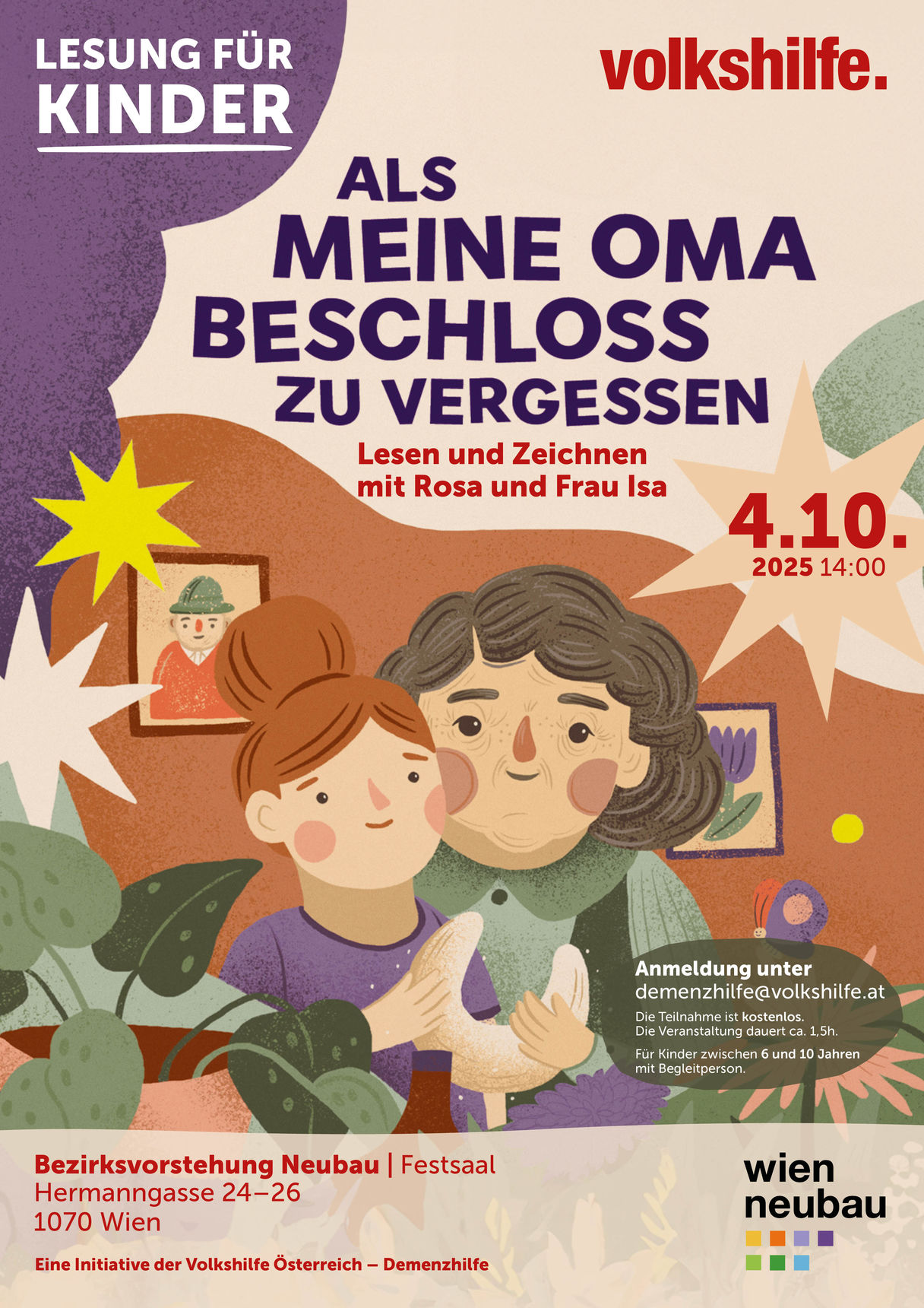 Einladung mit einer Illustration aus dem Buch. Das Enkelkind sitzt mit einem Keks auf dem Schoß der Oma, Eckdaten zur Veranstaltung: 4.10.2025, um 14:00 Ort: Bezirksvorstehung Neubau | Festsaal Hermanngasse 24–26 1070 Wien, Anmeldungen unter demenzhilfe@volkshilfe.at, Eine Initiative der Volkshilfe Österreich - Demenzhilfe