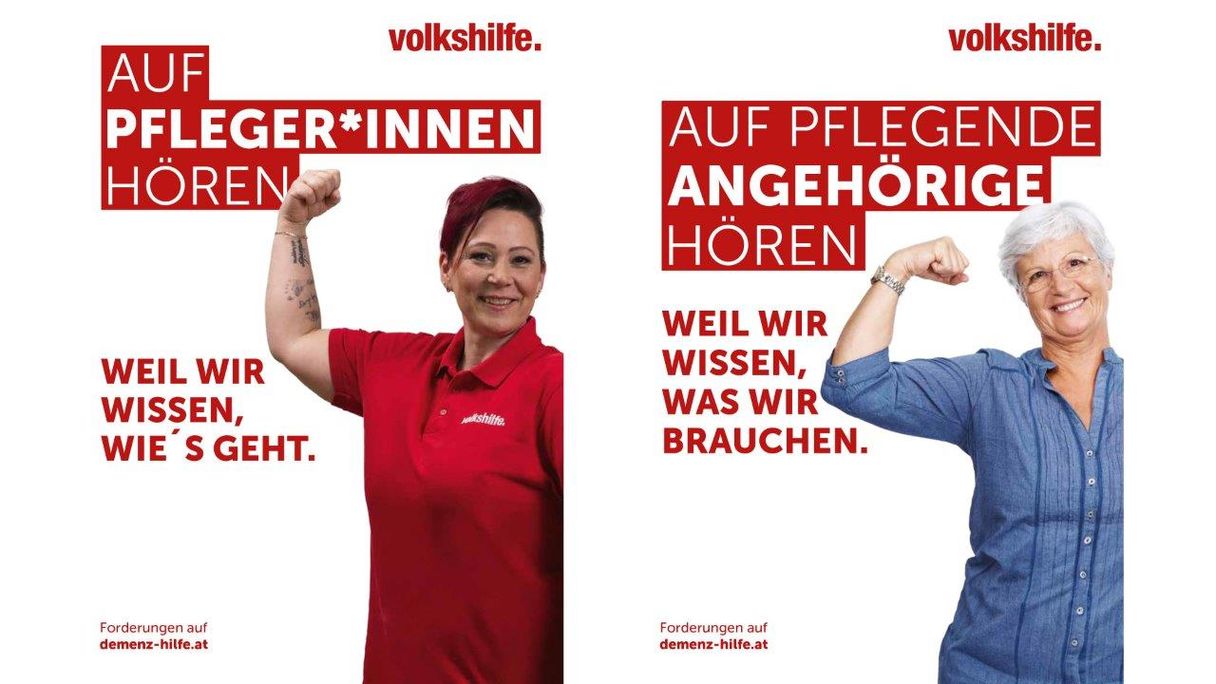 Kampagnen Coverbilder. Titel: "Auf Pfleger*innen hören", Text auf dem linken Bild: "Weil wir wissen wie's geht." Text auf dem rechten Bild: "Weil wir wissen, was wir brauchen.
Auf dem linken Cover ist eine Pflegerin zu sehen und auf dem rechten Cover eine Pensionistin. Beide halten ihre Arme im rechten Winkel in die Höhe und haben eine Faust gebildet. Beide schauen selbstbewusst in die Kamera